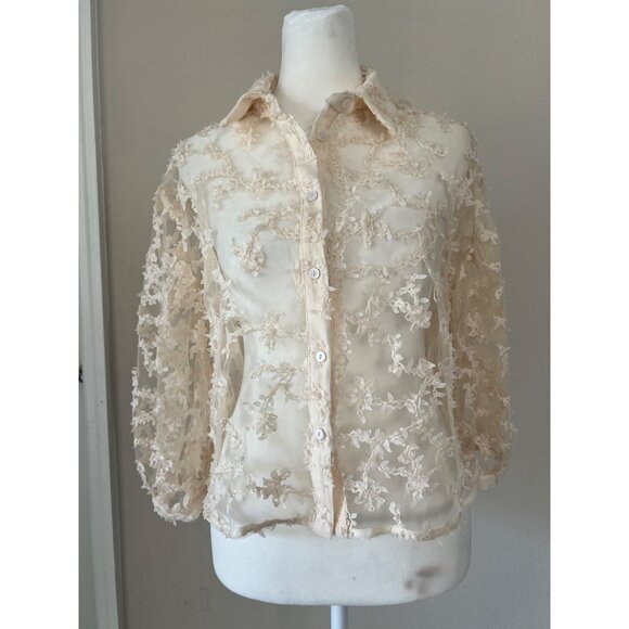 ZARA NWOT womens ivory mesh floral pattern button down blouse XL - Picture 1 of 7